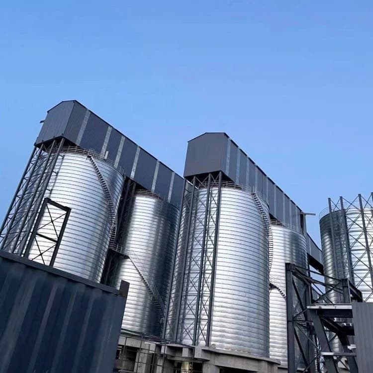 A group of cylindrical steel silos with conveying frames and access routes above and alongside the vessels.